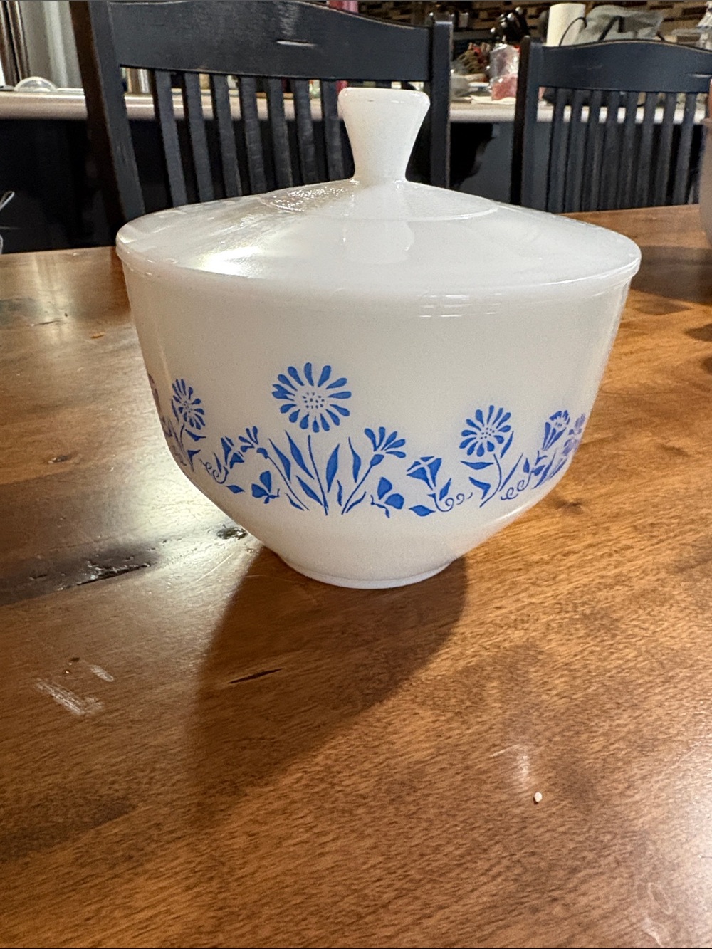 Federal Milk Glass Blue Floral Casserole Bowl w/ Lid Vintage 6.5” Diameter